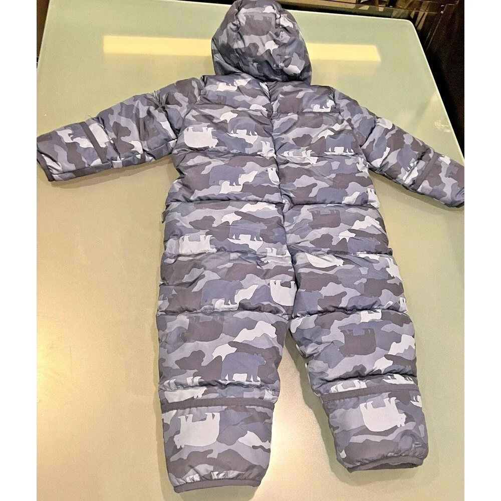 Baby Gap Snowsuit Puffer 12-18 Months Blue Camouflage Camo Bear winter hood zip